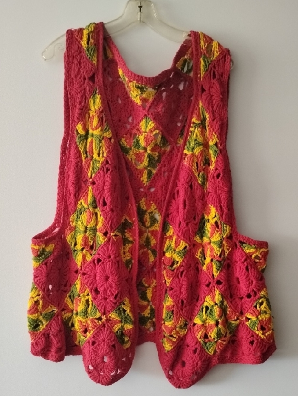 Raspberry Crochet Open-Front Tunic Vest with Yellow Accents